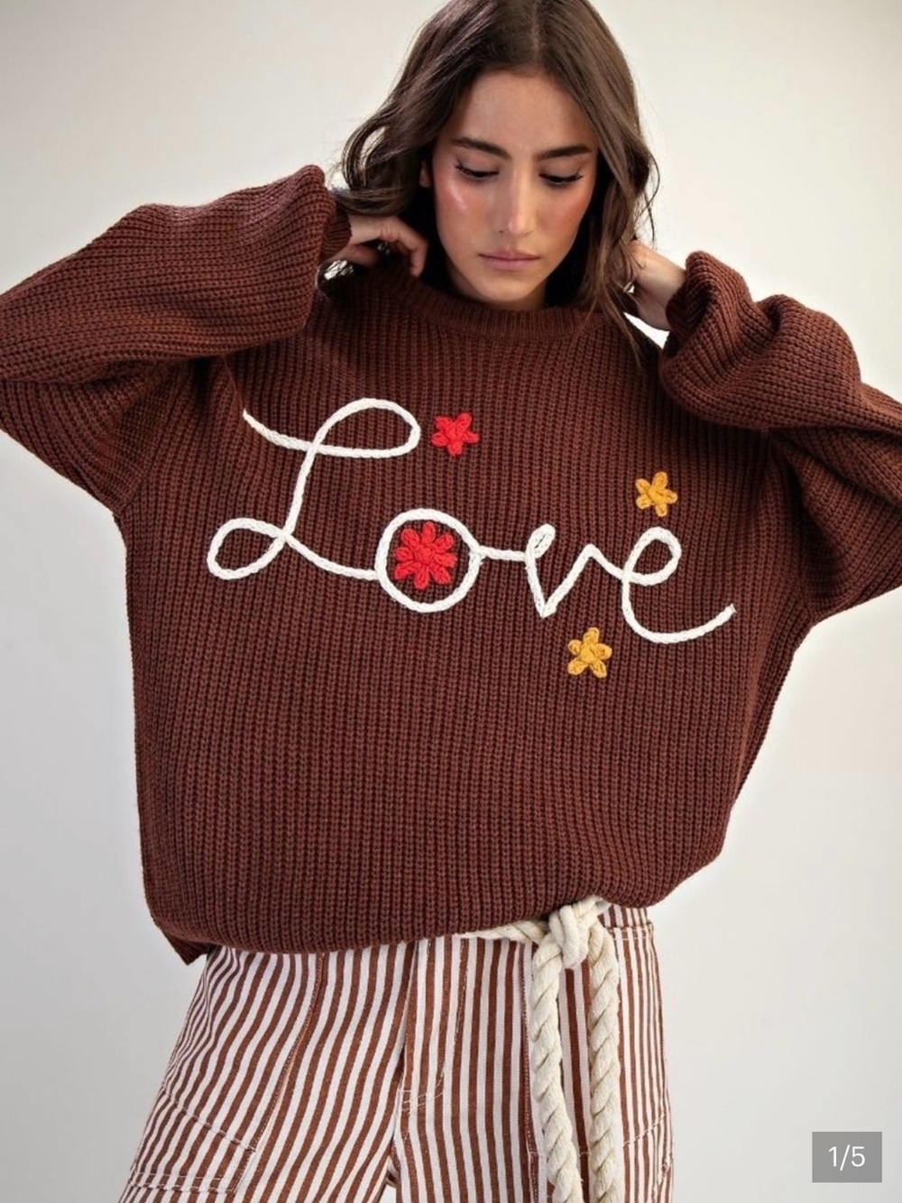 NWT Easel Oversized Chocolate Brown Knit "Love" Embroidered Sweater - Small